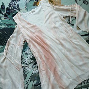 Honey Belle Womens Summer Dip Dye Blouse Orange White Lace Up Boho Peasant Sz M